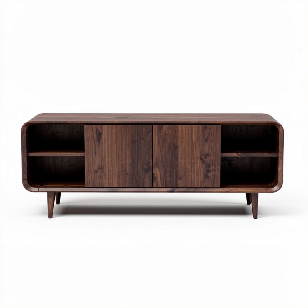 Tv-meubel van walnootfineer met 2 deuren en open vakken 150 x 40 x 60cm