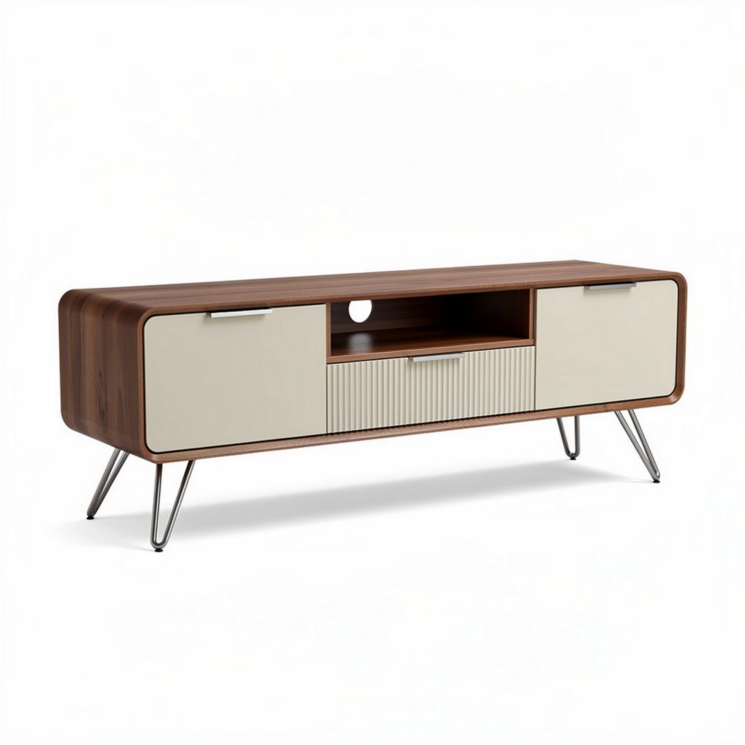 Lage kast van hout met glazen deuren en metalen poten 150 x 40 x 50cm