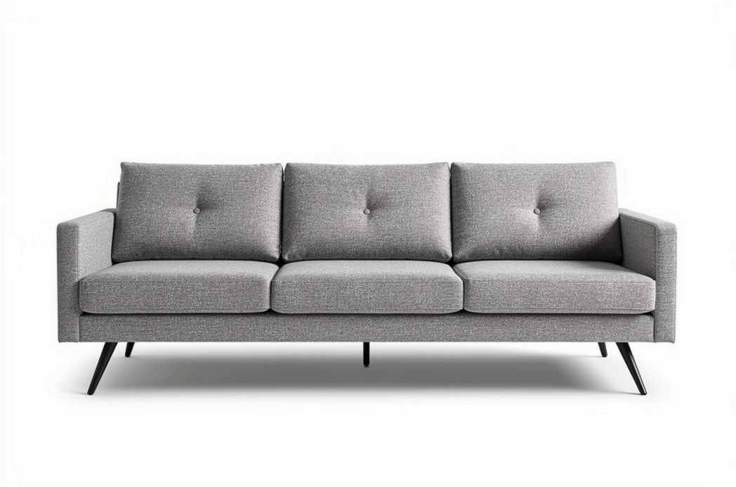 Grijze stoffen bank met drie zitplaatsen en metalen poten 200 x 85 x 85cm