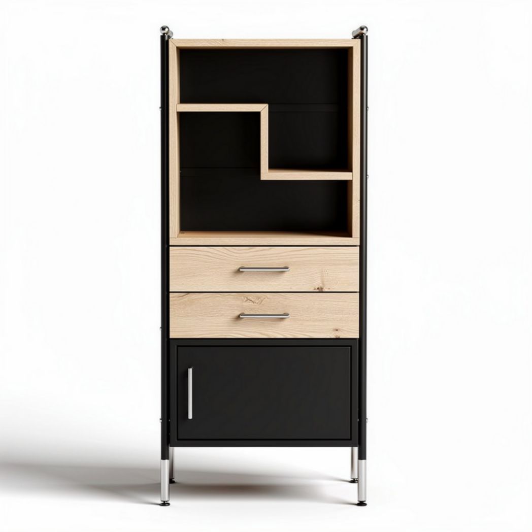 Open kast met houten planken en metalen frame 75 x 40 x 180cm zwart en naturel