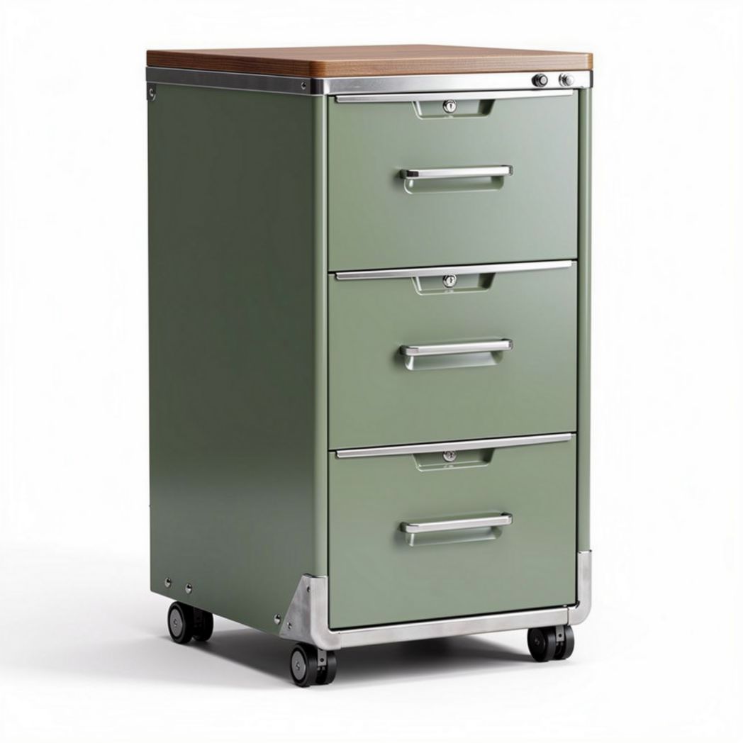 mobiele archiefkast met 3 lades in groen en houten bovenblad 40 x 50 x 75cm